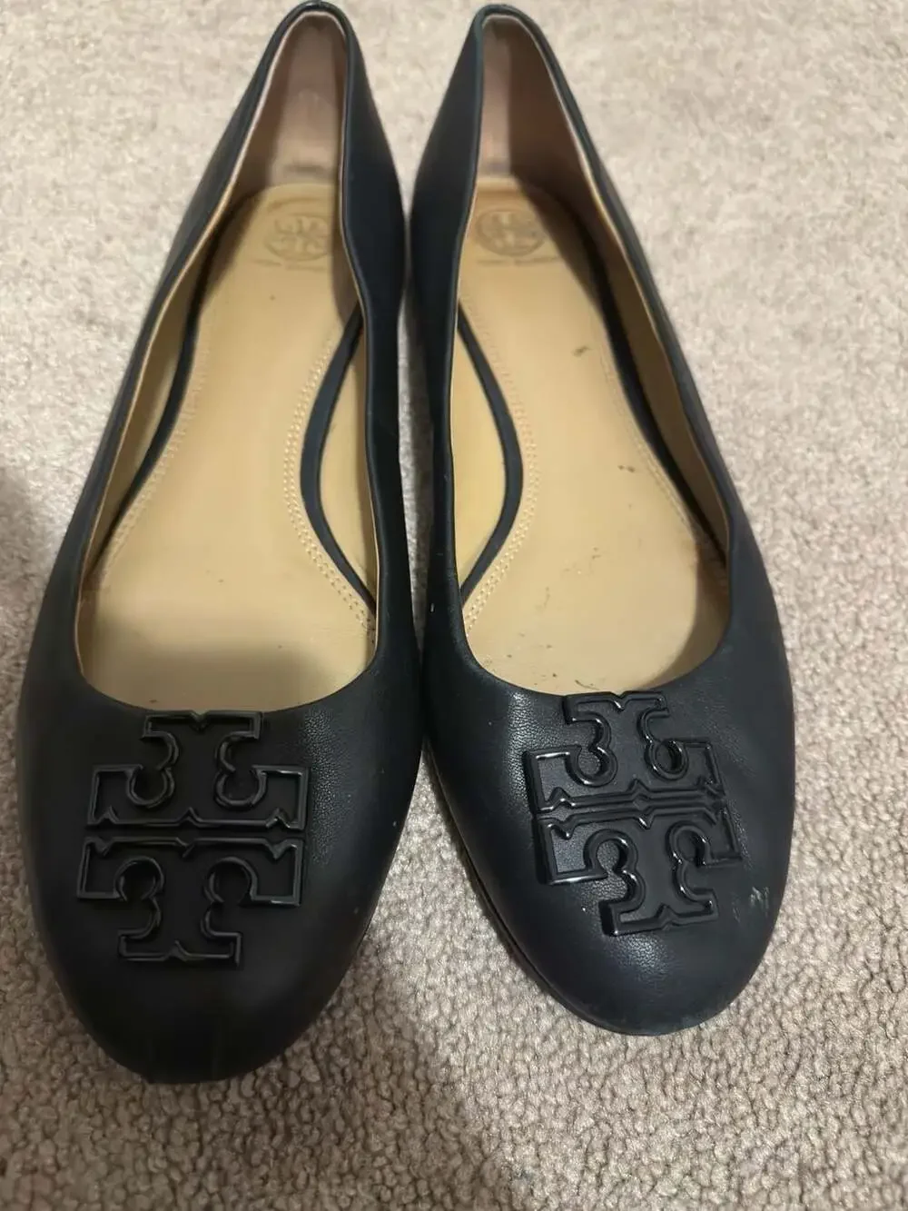 Tory Burch Black Leather Logo Ballet Flats